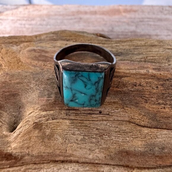 Sterling Silver Turquoise Matrix Signet Ring Size 10 7.2g Mens Unisex Square